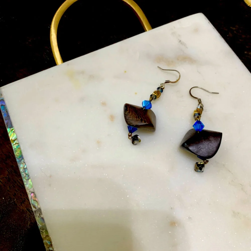 Boho dangly brown wood, royal blue Swarovski crystal bead dangle earrings